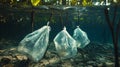 Plastic bags trapped amongst mangrove roots underwater Royalty Free Stock Photo