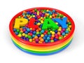 Plastic balls filled child pool with big letters. 3d illustration Royalty Free Stock Photo