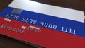 Plastic bank card featuring flag of Russia. National banking system related 3D rendering