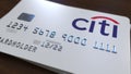 Plastic bank card with logo of Citibank. Editorial conceptual 3D rendering