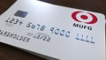 Plastic bank card with logo of Mitsubishi UFJ. Editorial conceptual 3D rendering