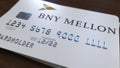 Plastic card with logo of the Bank of New York Mellon BNY. Editorial conceptual 3D rendering