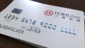 Plastic card with logo of Industrial and Commercial Bank of China ICBC. Editorial conceptual 3D rendering