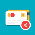 Plastic bank or credit card with a wireless payment icon. E-commerce. Vector illustration isolated on color background.