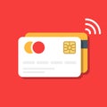 Plastic bank or credit card with a wireless payment icon. E-commerce.