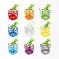 Plastic basket set, trash bins on white. Multicolor garbage can, dustbin