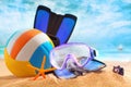 Plastic beach ball with goggles and flippers Royalty Free Stock Photo