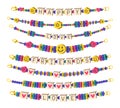 Plastic bead bracelets. Handcraft friendship bracelets, old school handmade cute accessories with colored beads flat vector