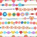 Plastic beads bracelets kids jewelry. Beaded bracelet seamless pattern. Cartoon wristband with flowers, hippie freedom