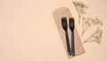 Plastic black forks on a beige background, disposable picnic items, top view