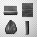 Plastic black trash bag realistic set vector illustration. Package garbage expanded, full trashbag