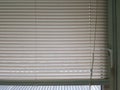 Plastic blinds in the form of white plates are seen on the window. Royalty Free Stock Photo