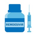 Plastic blue bottle with antiviral medicine remdesivir and syringe for injection, treatment of caronavirus covid-19 and