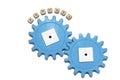 Plastic blue gears on a white background, the word process. The concept of interaction, process. The photo