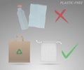 Plastic bottle and bag versus paper bag and fruit bag illustration, plastic free promotion