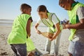 Plastic bottle, beach and woman with children recycling, cleaning and learning, education and community for pollution