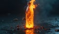 Plastic bottle burns in dark background. Fire flames surround water container. Concept of eco problems, pollution hazard, waste Royalty Free Stock Photo