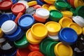 Plastic Bottle Caps Pile. Recycling HDPE Material Group, Circle Polyethylene Lid Set, Colorful Caps Group