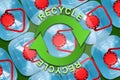 Plastic bottle caps. Recycle icon. Recycling collection. Ecology. Background. Royalty Free Stock Photo