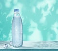 Plastic bottle of chilled water with condensation drops and two ice cubes on the table. Wall with leaf shadows at the background Royalty Free Stock Photo