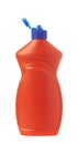 Plastic bottle of cleaning product with open lid. Orange bottle with blue cap Royalty Free Stock Photo