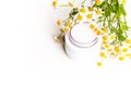 Plastic bottle of essence or serum and with chamomile flowers Royalty Free Stock Photo