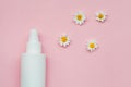 bottle of facial moisturizing toner or hair spray fresh chamomile flowers isolated on pastel rose background, flay layout, top vie