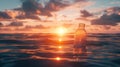 Plastic bottle floating in ocean at sunset with dramatic clouds. Environmental pollution and marine conservation concept Royalty Free Stock Photo