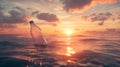 Plastic bottle floating in the ocean at sunset with dramatic clouds and golden light. Environmental pollution concept Royalty Free Stock Photo