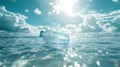Plastic Bottle Floating on Ocean Surface with Sunlight and Clouds in Background. Concept of Pollution, Environmental Royalty Free Stock Photo