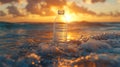 Plastic bottle floating in ocean waves at sunset, environmental pollution. Marine conservation and sustainability Royalty Free Stock Photo