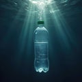 Plastic bottle floats underwater, emitting bubbles toward the sunlit surface. The clear container holds liquid, submerged in deep Royalty Free Stock Photo
