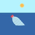 Plastic bottle floats in water. Ecological concept in flat style. Ocean pollution. Environment