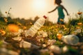 Plastic Bottle And Garbage On A Field Where A Child Is Playing Royalty Free Stock Photo