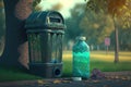 plastic bottle with garbage inside, next to bin and bag in the park Royalty Free Stock Photo