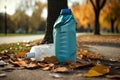 plastic bottle with garbage inside, next to bin and bag in the park Royalty Free Stock Photo