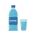 Plastic bottle and glass full of water with bubbles. Flat style icon. Royalty Free Stock Photo