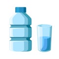 Plastic bottle and glass of water. Flat vector illustration. Isolated on white background Royalty Free Stock Photo