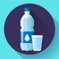 Plastic bottle and glass of water. Water drop sign. Vector illustration. Royalty Free Stock Photo