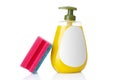 Plastic bottle liquid soap and sponge on a white background