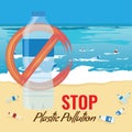 Plastic bottle mockup with no sign. Pollution of ocean, sea or beach concept. Vector Illustration.