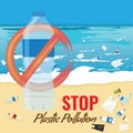 Plastic bottle mockup with no sign. Pollution of ocean, sea or beach concept. Vector Illustration.