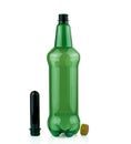 Plastic bottle and PET preform on white background. Green plastic bottle and PET preform for its manufacture Royalty Free Stock Photo