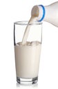 Plastic bottle pouring milk into a glass on white background Royalty Free Stock Photo