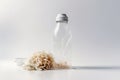 Plastic bottle ready to eat a plastic refuse on a table set for lunch, white background. Generative AI