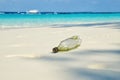 Plastic bottle on sand beach. Plastic pollution of nature. Ecology and environment concept. Waste emission to ocean Royalty Free Stock Photo