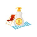 Sunscreen bottle with dispenser, beach chaise-longue and carpet. Cosmetic product for skin protection. Flat vector icon