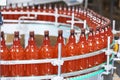 Plastic bottles with beer or carbonated beverage moving on conveyor Royalty Free Stock Photo