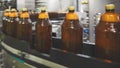 Plastic bottles for beer or carbonated beverage moving on conveyor. Shallow DOF. Selective focus. Royalty Free Stock Photo