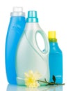 Plastic bottles cleaning products and flower on white. Royalty Free Stock Photo